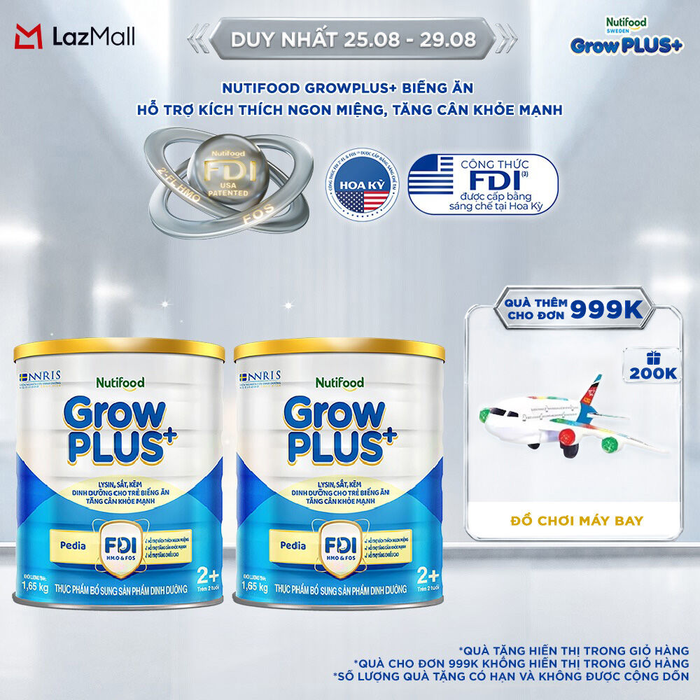 Combo 2 Sữa Bột Nutifood GrowPLUS+ Biếng Ăn (Xanh) 2+ - Hỗ Trợ Kích Thích Ngon Miệng, Tăng Cân Khỏe Mạnh (2 Lon 1,65 Kg)