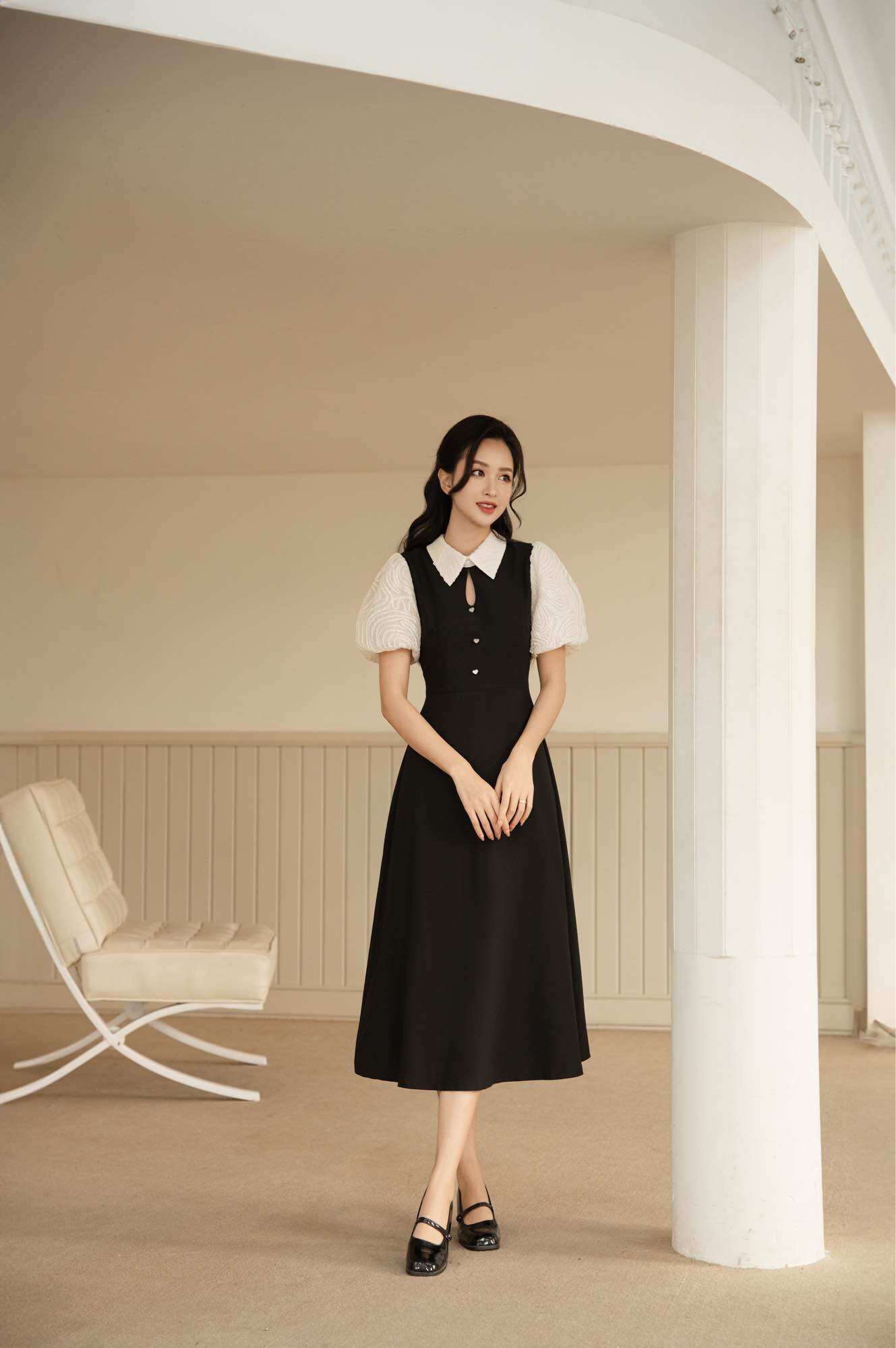 Váy dài phối tay cổ ren Linci dress