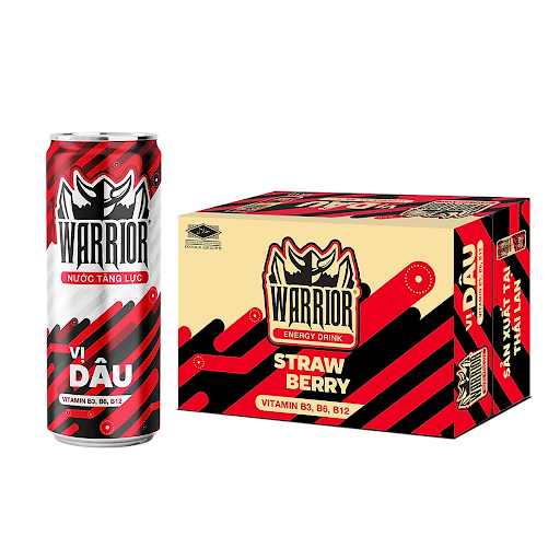 Nước tăng lực Warrior vị dâu đậm đà thơm ngon, thùng 24 lon 330ml, vitamin B3, B6, B12, dùng để uống lạnh ngon tuyệt.