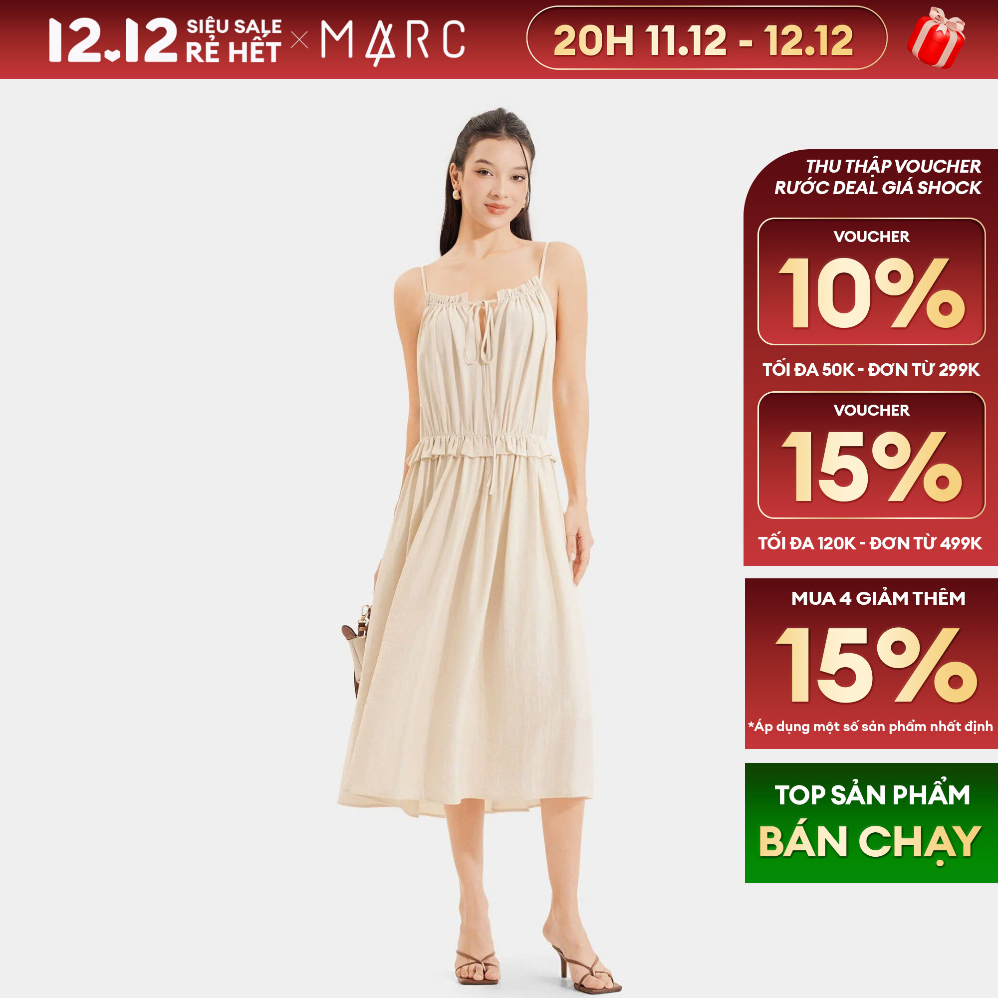 [20H 11.12 - 12.12 | SIÊU VOUCHER 120K] Đầm midi 2 dây vải đũi rút ngực thắt nơ nữ MARC FASHION CBSH062424