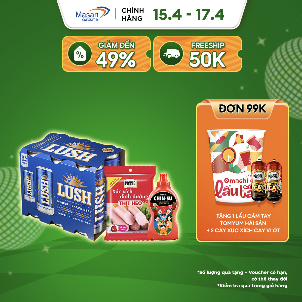 [15-17.4 Voucher 18% CHO ĐƠN TỪ 199k]Combo Lốc 6 Lon Bia Lush Original Adventure Vị Lager Nguyên Bản X 330Ml (Nồng Độ Cồn 4,5%) + 1 Xúc Xích Tiệt Trùng Ponnie Vị Heo Gói X70Gr +1 Tương Ớt Chin-Su Chai X 500Gr