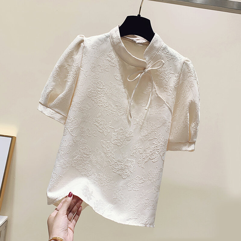 Áo Sơ Mi Nữ Tay Ngắn Cổ Trước Mùa Hè Phong Cách Trung Hoa Qipao Áo Sơ Mi Tay Phồng Chui Đầu Loại Thô