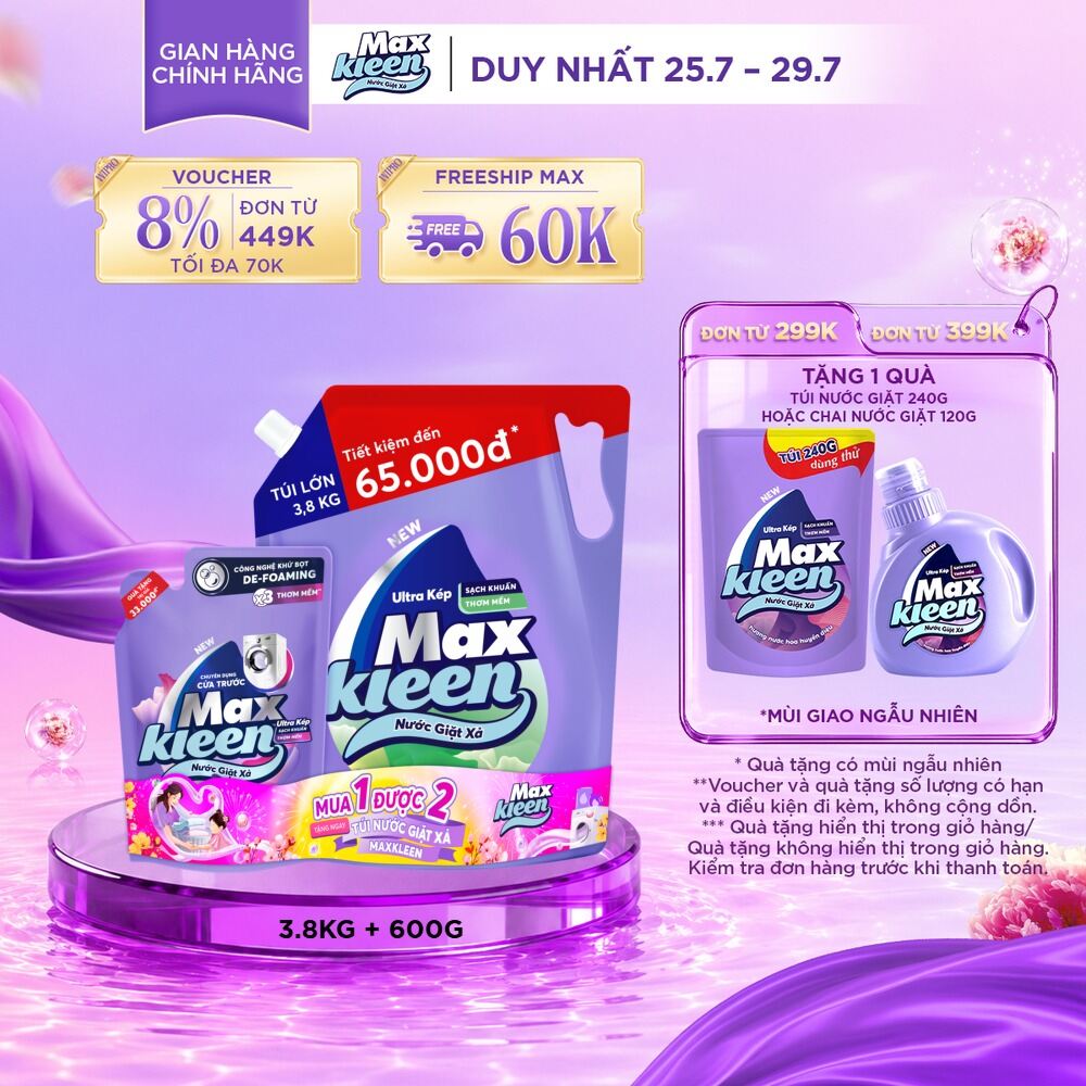 Combo Nước giặt xả MaxKleen Hương Vườn Sớm Mai: 1 Túi 3.8kg + 1 Túi 600g