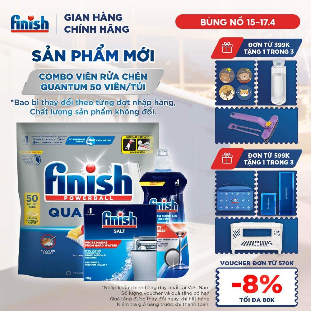 Combo Finish: Viên Rửa Chén Bát Finish Powerball Quantum 50 viên + Nước Làm bóng 500ml + Muối Rửa Chén Bát 2kg