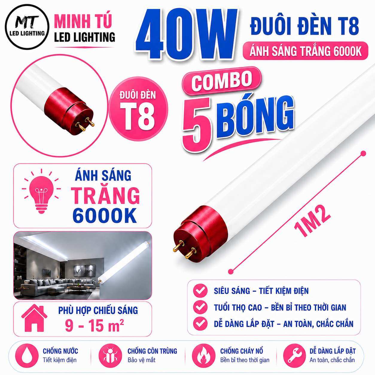 Combo 5 Bóng Đèn LED Tuýp T8 0.6m/1.2m 12W 22W 32W 40W 50W Ánh Sáng Trắng 6000K - Đui Đèn Liền Tiết Kiệm Điện
