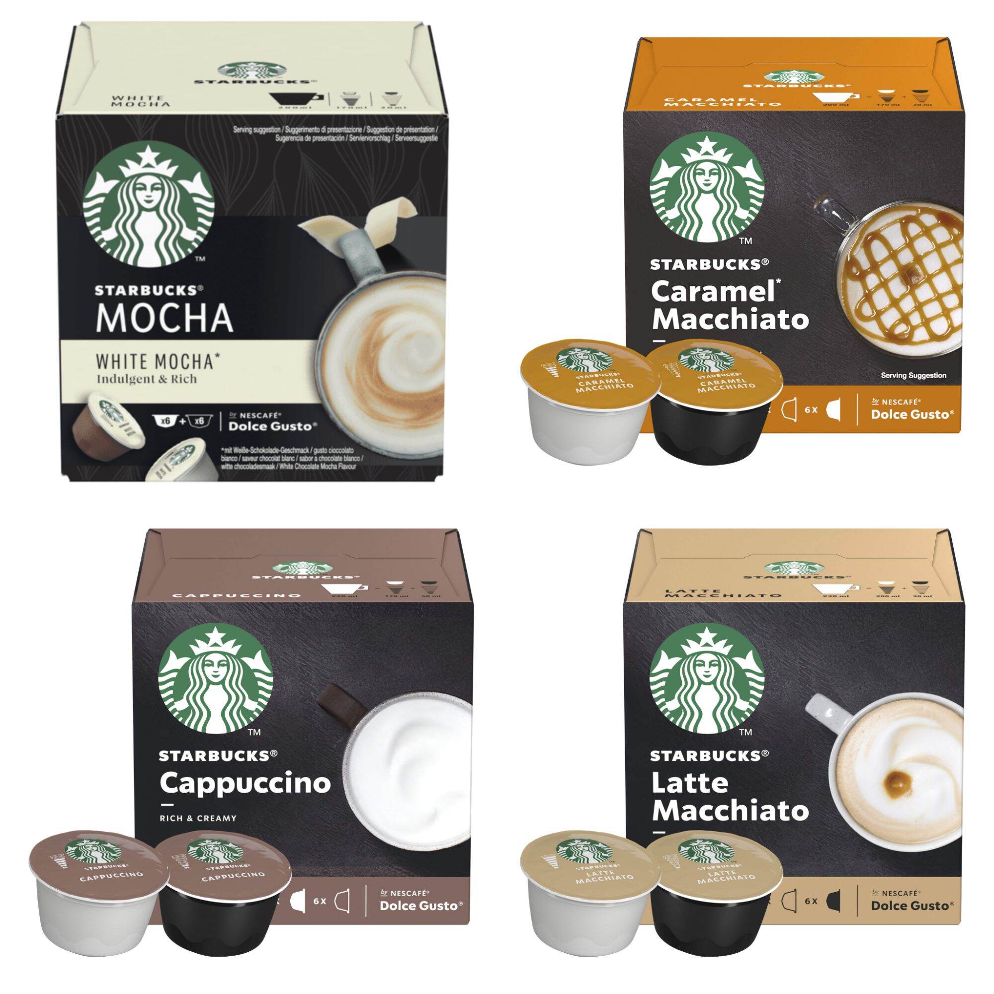 Combo tách lẻ 12 viên Dolce Gusto Starbucks: White Mocha, Latte Macchiato, Cappuccino, Caramel Macchiato