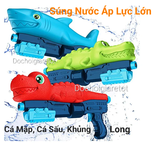 Súng bắn nước áp lực lớn hình cá sấu, cá mập, khủng long tầm xa chơi mùa hè, bãi biển cho bé