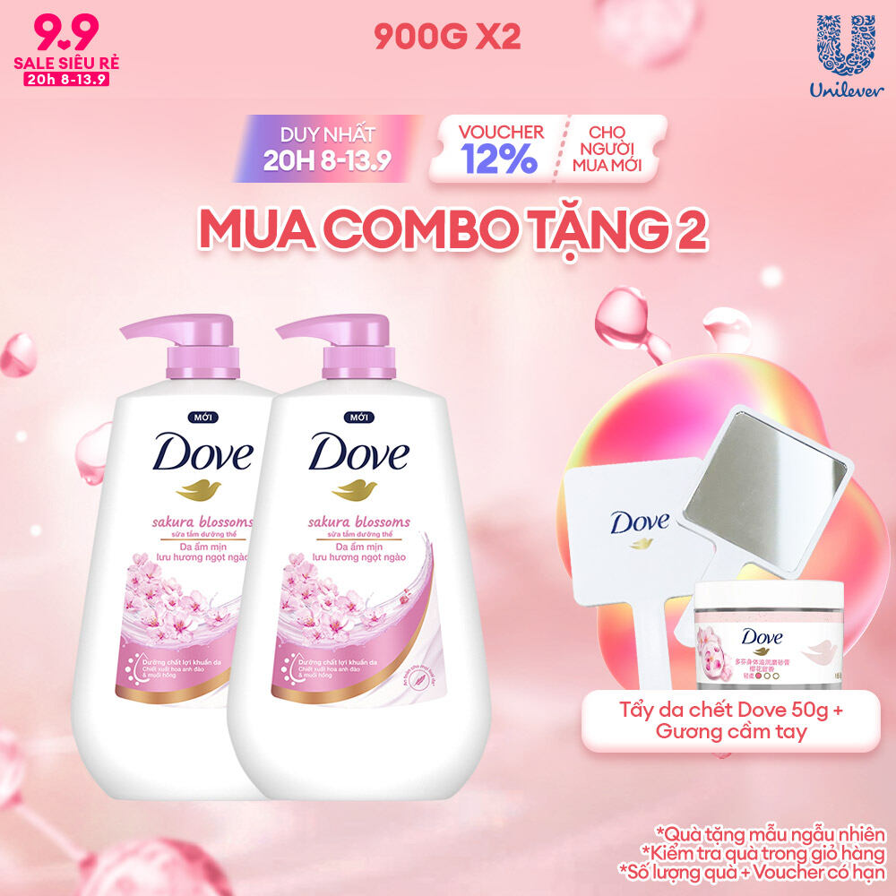 Combo 2 Sữa tắm dưỡng thể Dove Sakura Blossoms Da mịn hương hoa với hương hoa anh đào & muối hồng 90