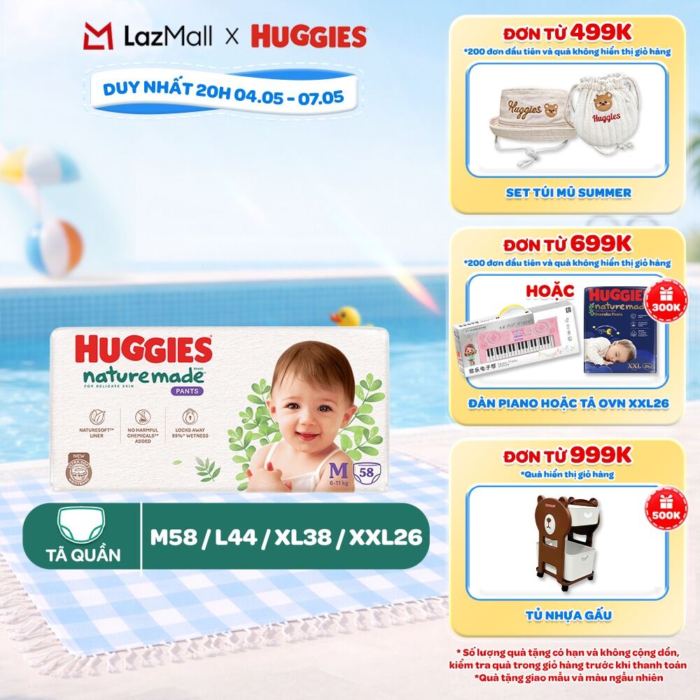 Tã/Bỉm quần Huggies NatureMade M58/ L44/ XL38/ XXL26/ XXXL28