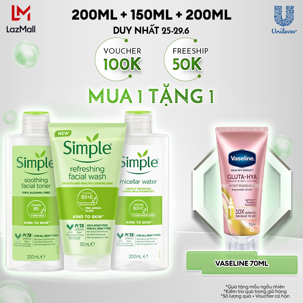 Combo Simple Tẩy trang Micellar 400ml hoặc 200ml/Sữa dưỡng ẩm 125ml + Sữa rửa mặt 150ml + Nước hoa hồng Toner 200ml cho da sạch khỏe đàn hồi [CHÍNH HÃNG ĐỘC QUYỀN]