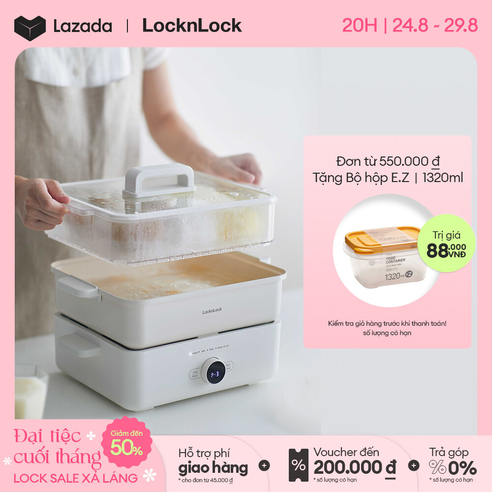 Nồi lẩu đa năng Lock&Lock Bianco Electric Multicooker 4.5L EJP154IVY màu ngà, 4in1 lẩu nướng luộc hấp, chống dính