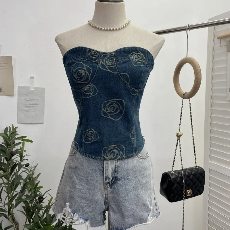 Nữ Gợi Cảm Denim Dây Top In Hoa Hồng Cao Cấp Giảm Béo Hở Lưng Crop Thời Trang Hình Bóng Xe Tăng Yếm