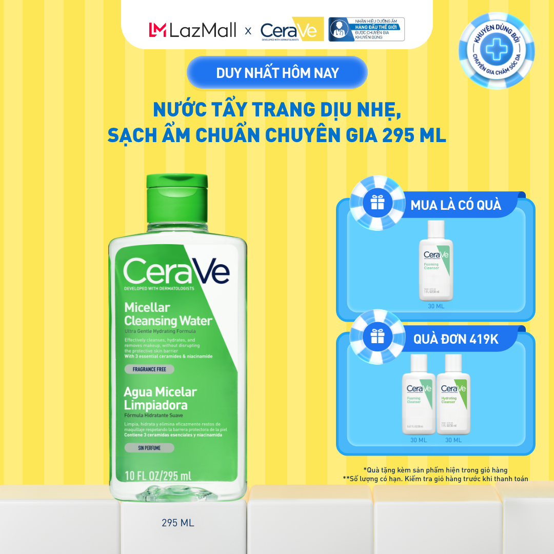 Nước tẩy trang dịu nhẹ, sạch ẩm chuẩn chuyên gia CeraVe Micellar Cleansing Water 295ml