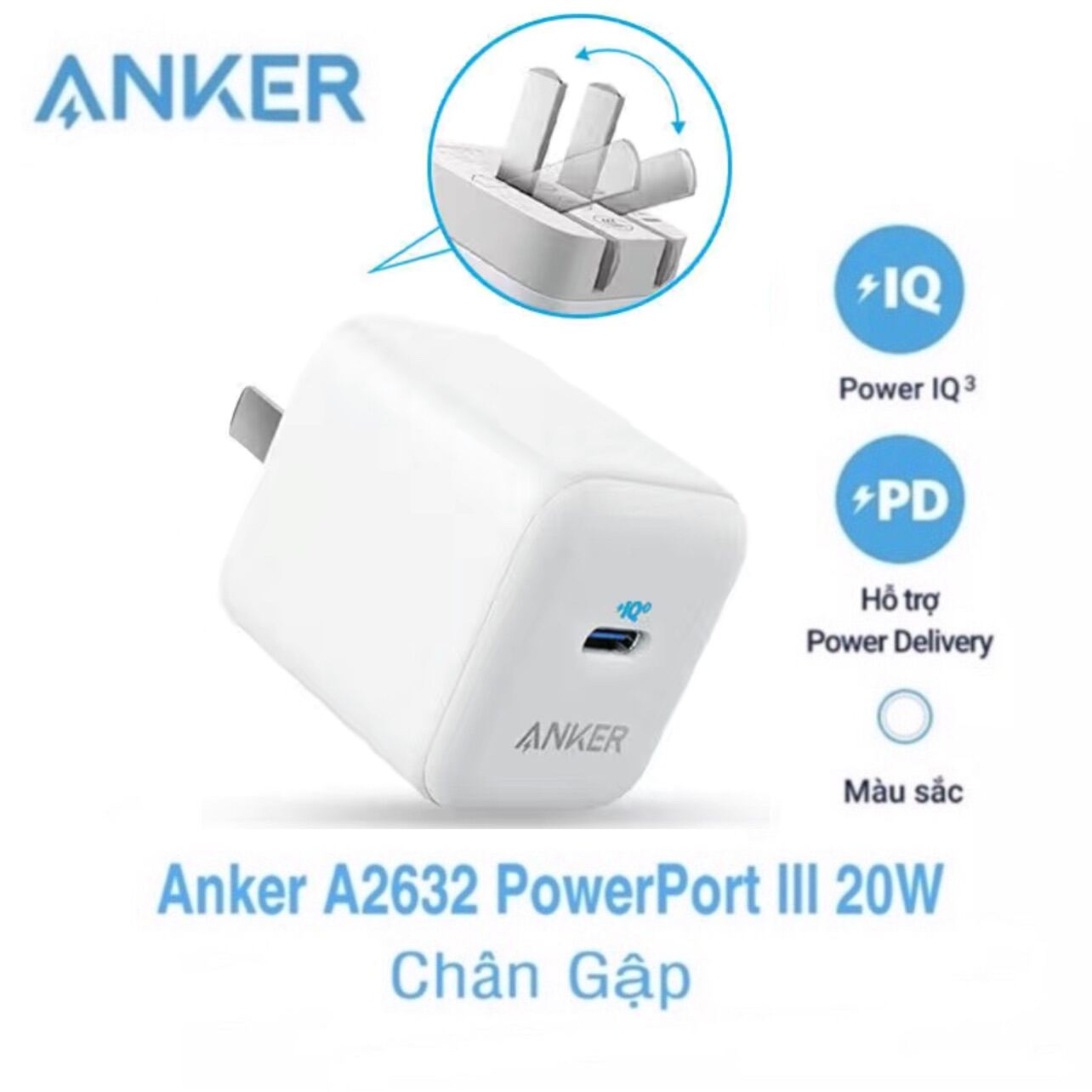 Củ Sạc Anker PowerPort III 20W Power IQ 3.0 Chân Gập Anker A2632 20W