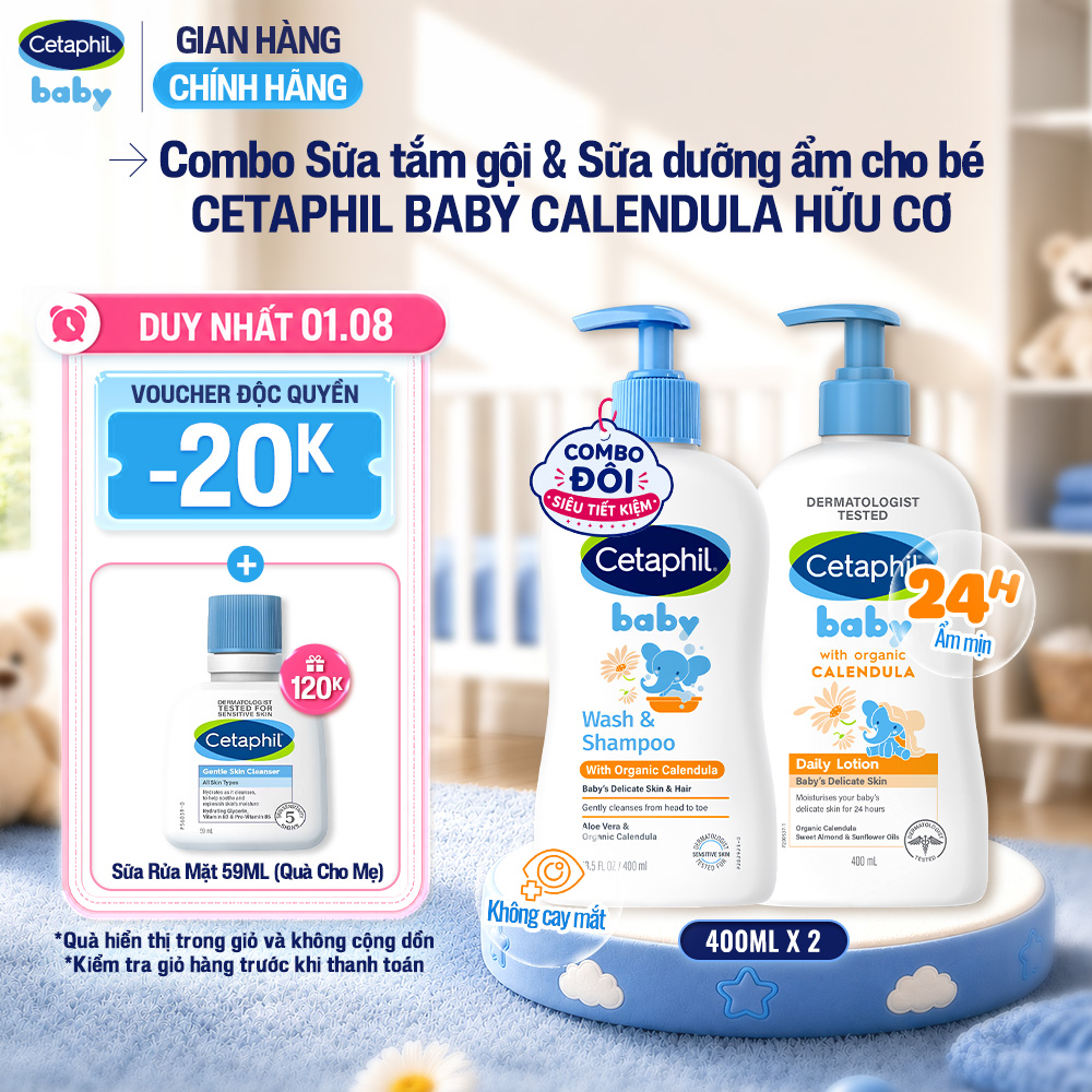 Combo Sữa tắm gội Cetaphil Baby W&S with Organic Calendula 400ml + Sữa dưỡng thể Cetaphil Baby with Organic Calendula 400ml