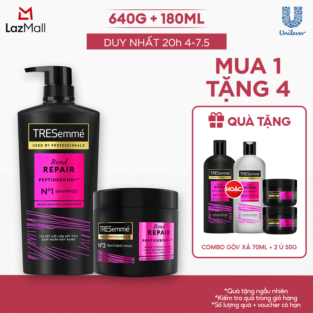 Combo Dầu Gội, Kem Ủ TRESemmé Bond Repair Peptidebond+ Cho Tóc Hư Tổn Do Tạo Kiểu, Giúp Ngăn Gãy Rụng 640g, 180ml
