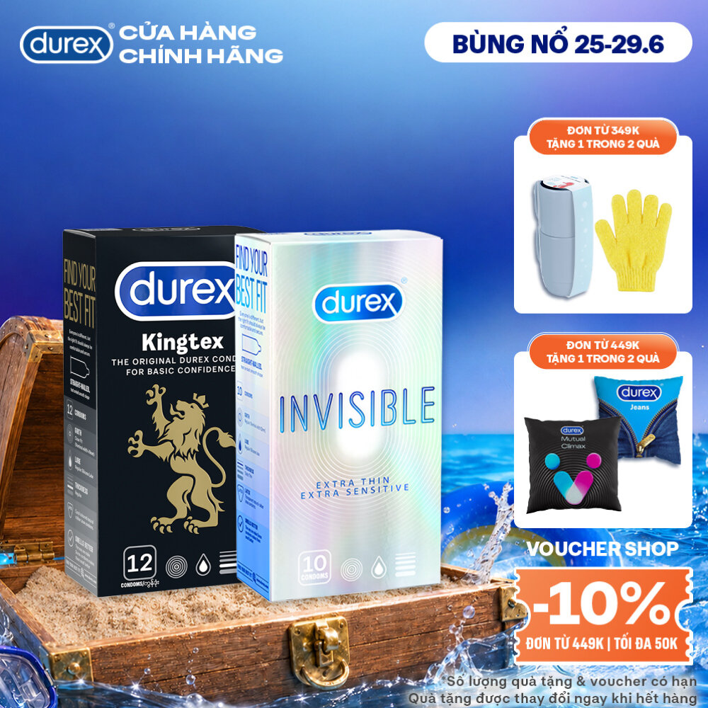 Combo 1 hộp Bao cao su Durex Kingtex 49mm 12 bao  1 hộp Bao cao su Durex Invisible Extra Thin 52mm 10 bao