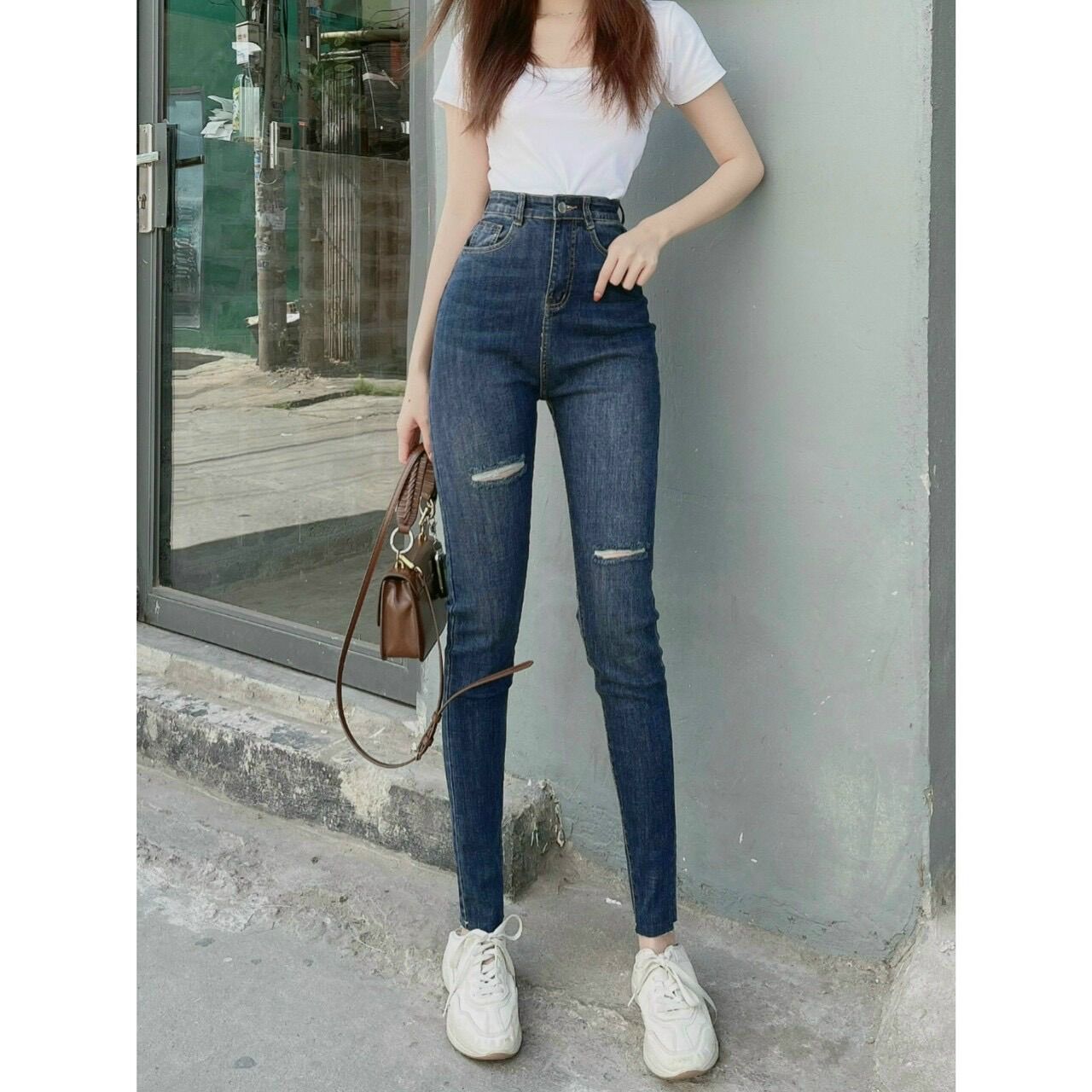 Jeans dài lưng cao co giãn rách PT