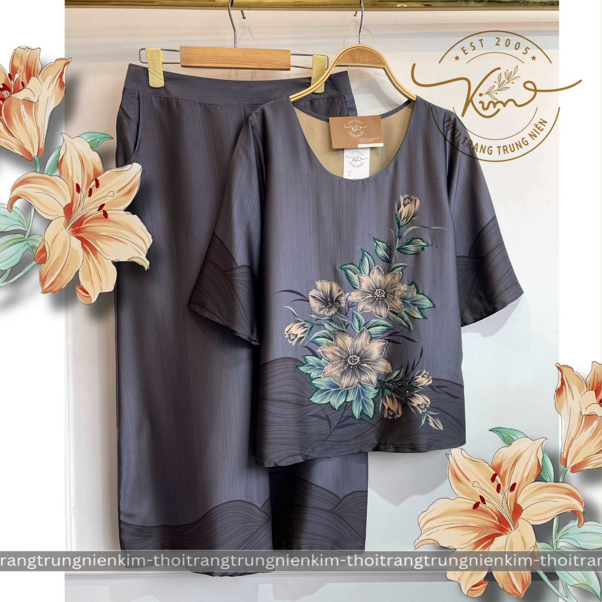 Sét bộ lụa trung niên cao cấp hoa văn xinh xắn sang trọng Bigsize quần dài 85cm