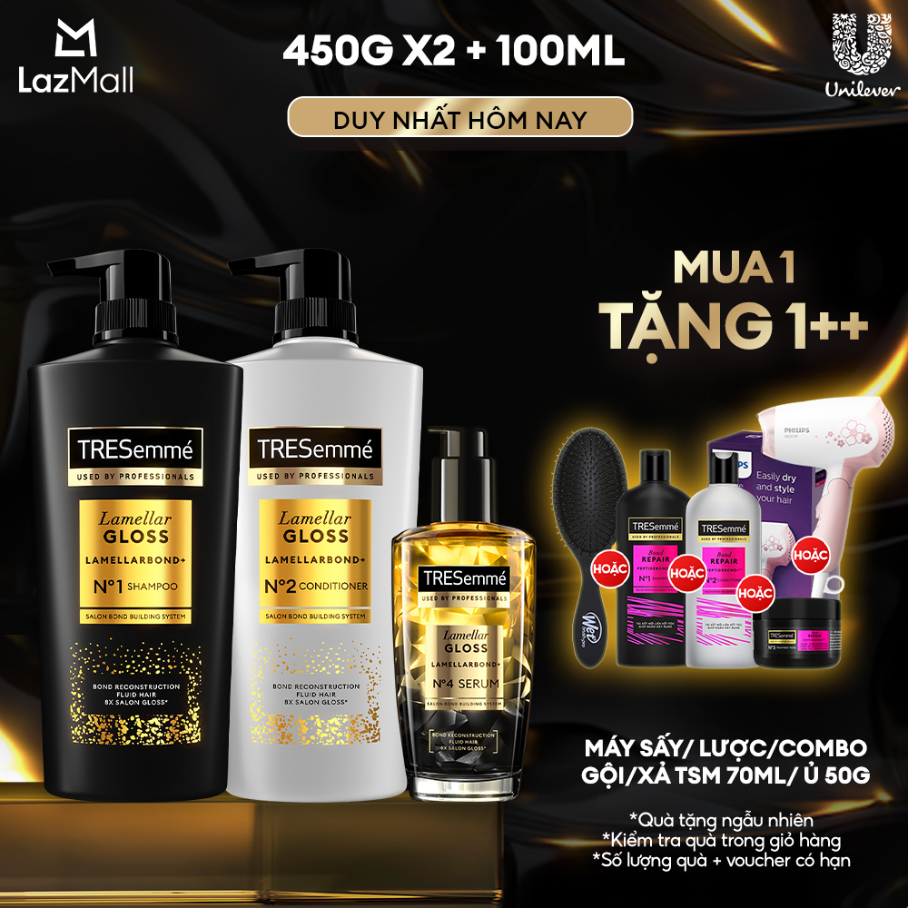 Combo Dầu Gội, Dầu Xả, Serum TRESemmé Lamellar Gloss LamellarBond+ Phủ Bóng 8X Chuẩn Salon 450g, 450g,100ml
