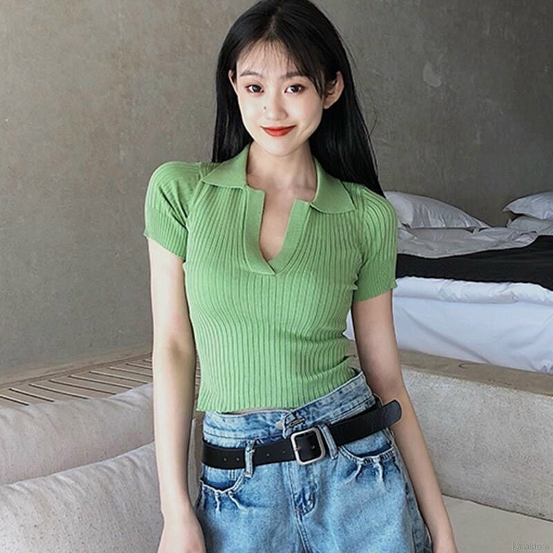 Áo Croptop Gân Cổ Bẻ Xẻ V