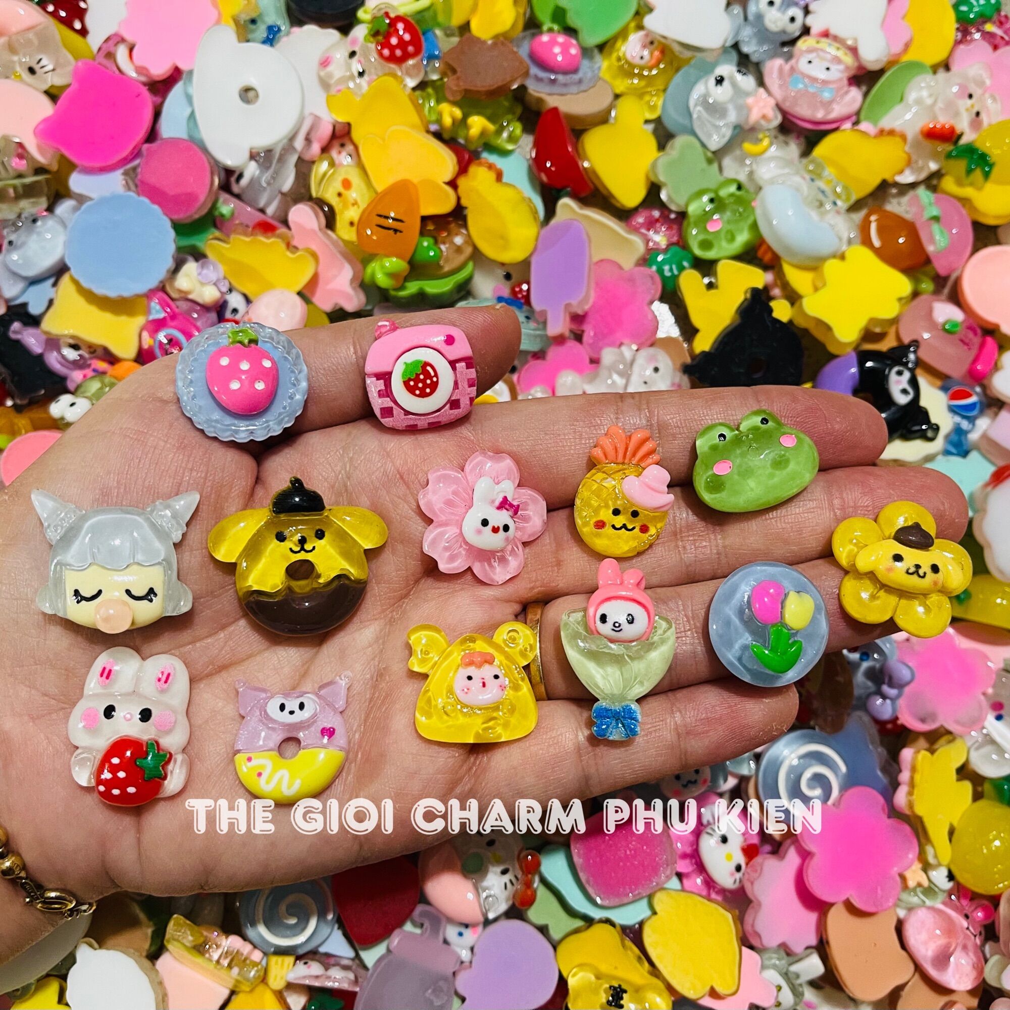 Set 100 charm trong trang trí ốp điện thoại, dán cột kẹp tóc, bình nước,dép, slime….
