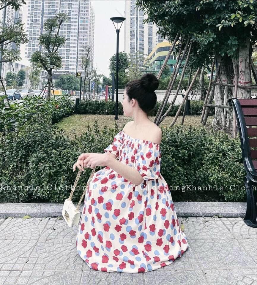 Đầm bầu hoa đi biển maxi hở vai dễ thương