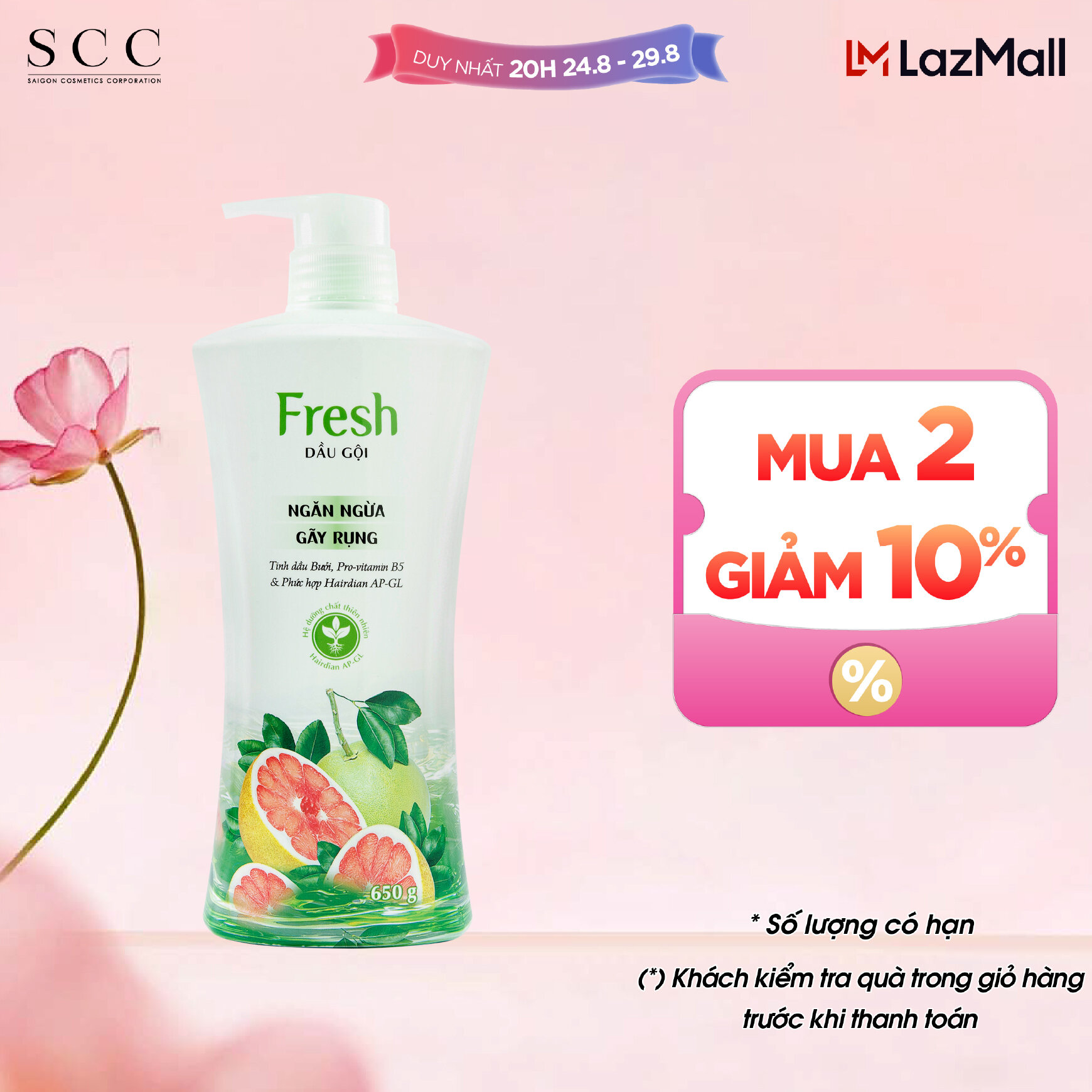 Dầu gội Fresh thiên nhiên Giảm gãy rụng chiết xuất Bưởi hồng ngọc 650g