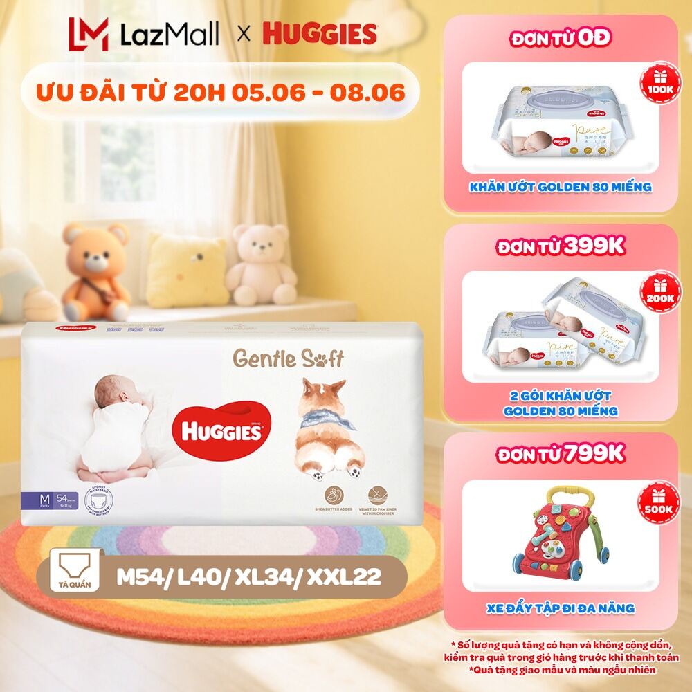 Tã quần Huggies Gentle Soft - Corgi M54/L40/XL34/XXL22 miếng êm mềm nâng niu làn da bé