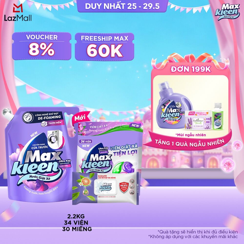 Combo Túi nước giặt cho máy giặt cửa trước Huyền Diệu 2.2kg + Túi viên hương Huyền Diệu 34 viên + Khăn ướt