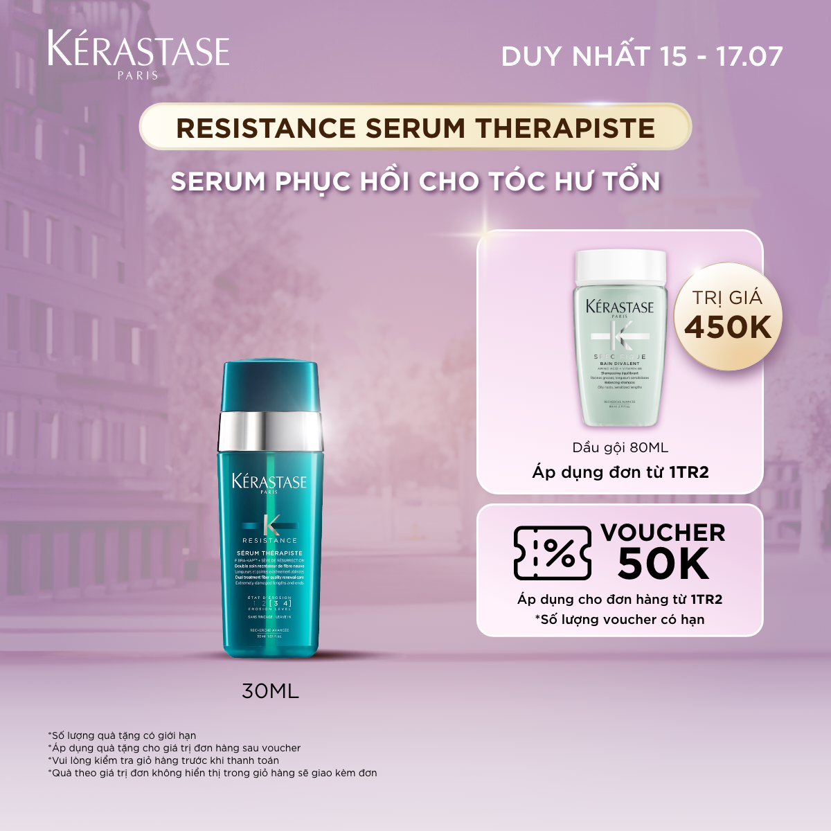 Serum chuyên sâu phục hồi dành cho tóc hư tổn Kérastase Therapiste 2x15ml