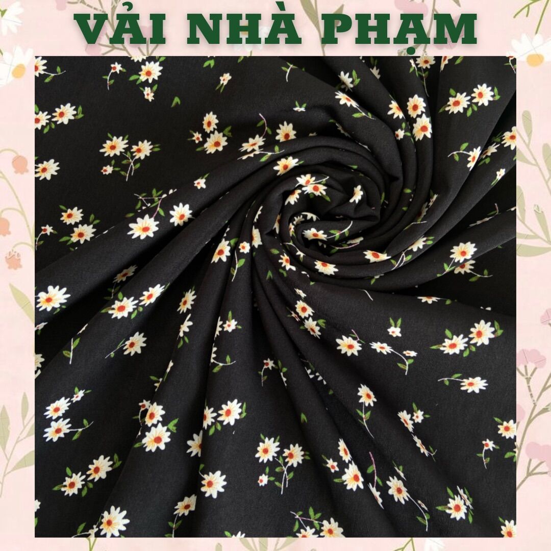 Cotton lụa hoạ tiết hoa nhí trắng nền đen - khổ 1.5m - vải nhà phạm