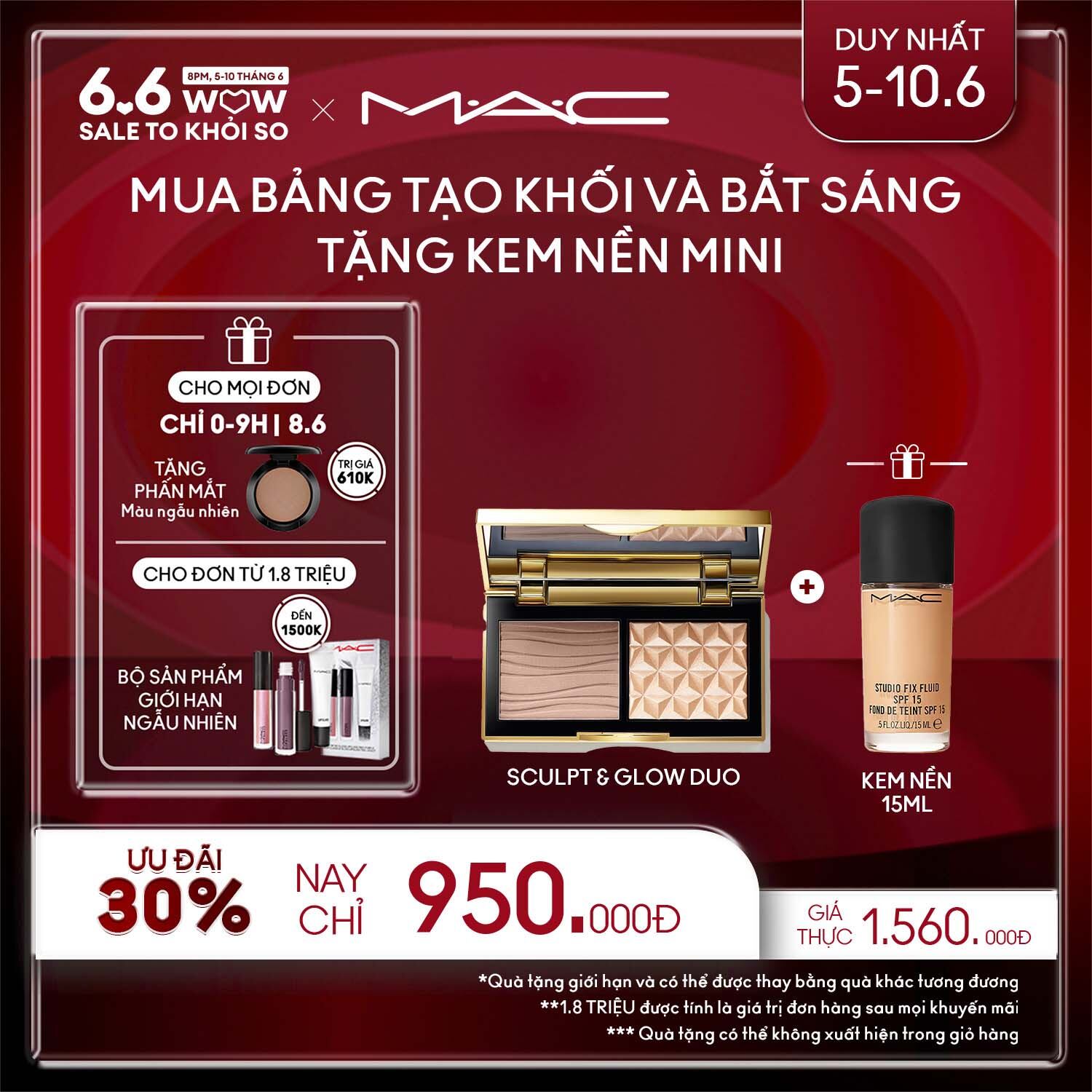 Mac - bộ 2 món: phấn 2 trong 1 - bắt sáng & tạo khối mac sculpt & glow duo, kem nền lâu trôi 24h studio fix fluid mini