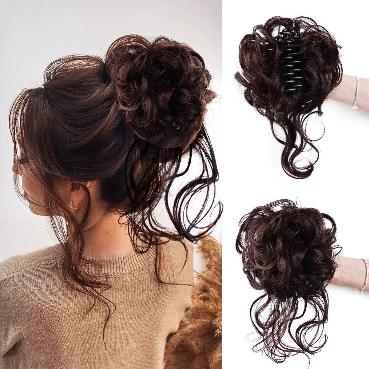 Lộn xộn Bun tóc mảnh bù xù updo phần mở rộng tóc với Claw Clip xoăn tóc Bun scrunchie cho phụ nữ cô gái