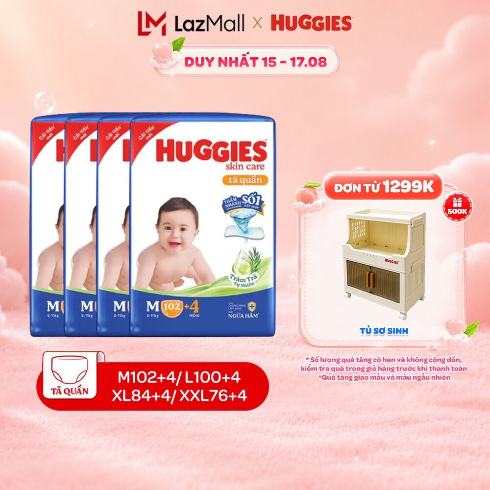 Combo 4 Tã/bỉm quần Huggies Skin Care Mega Jumbo M102/L100/XL84/XXL76 +4 miếng với tràm trà dịu da