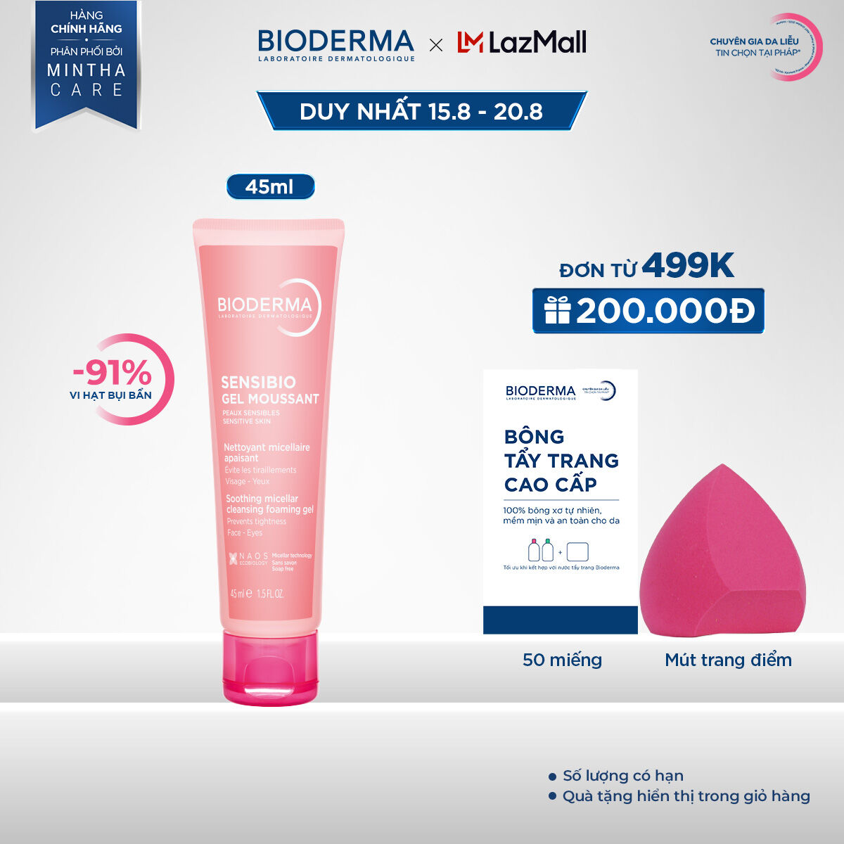 Gel rửa mặt tạo bọt cho da nhạy cảm Bioderma Sensibio Gel Moussant - 45ml