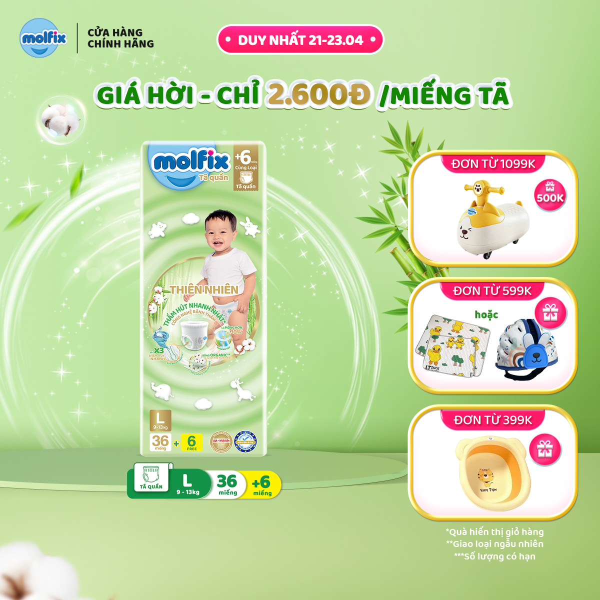 Tã/bỉm quần Molfix Thiên nhiên Jumbo L (9kg - 13kg) - Gói 36+6 miếng