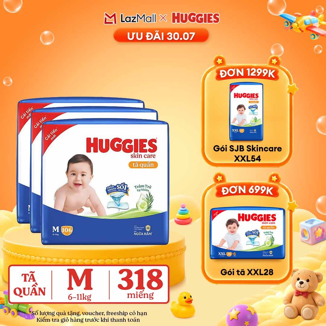 [30.7 GIẢM THÊM 90K]  Combo 3 Gói Tã/bỉm quần HUGGIES SKINCARE MEGA JUMBO size M106 miếng/ M102+4 miếng