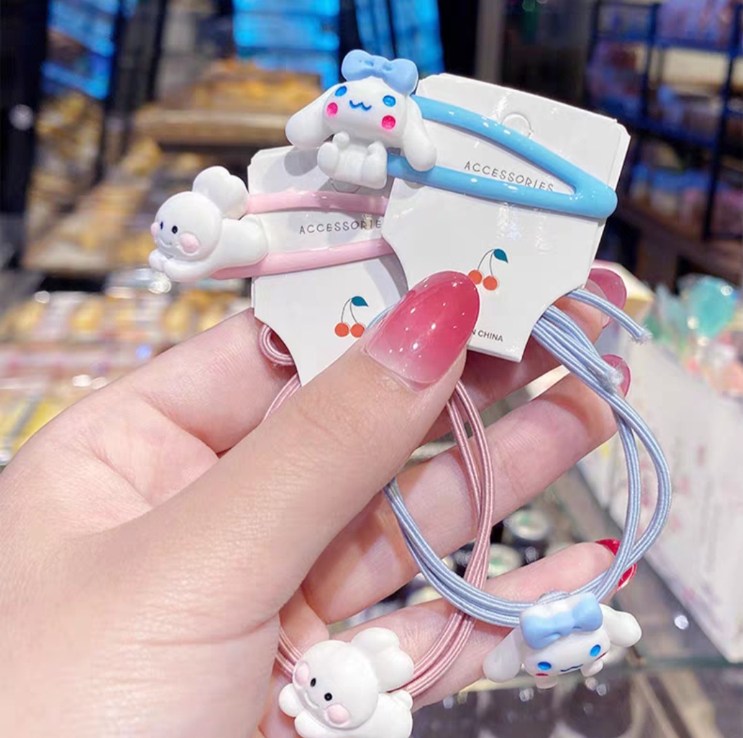 Set 2 kẹp tóc và dây cột tóc nữ đính charm hoạt hình dễ thương