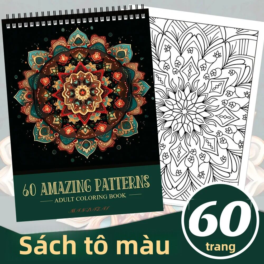 Sách Tô Màu Dành Cho Người Lớn Mandala - 60 Trang Tranh Vẽ Bằng Bút Chì Nghệ Thuật Sáng Tạo Giúp Giảm Căng Thẳng - Thiết Kế Rực Rỡ