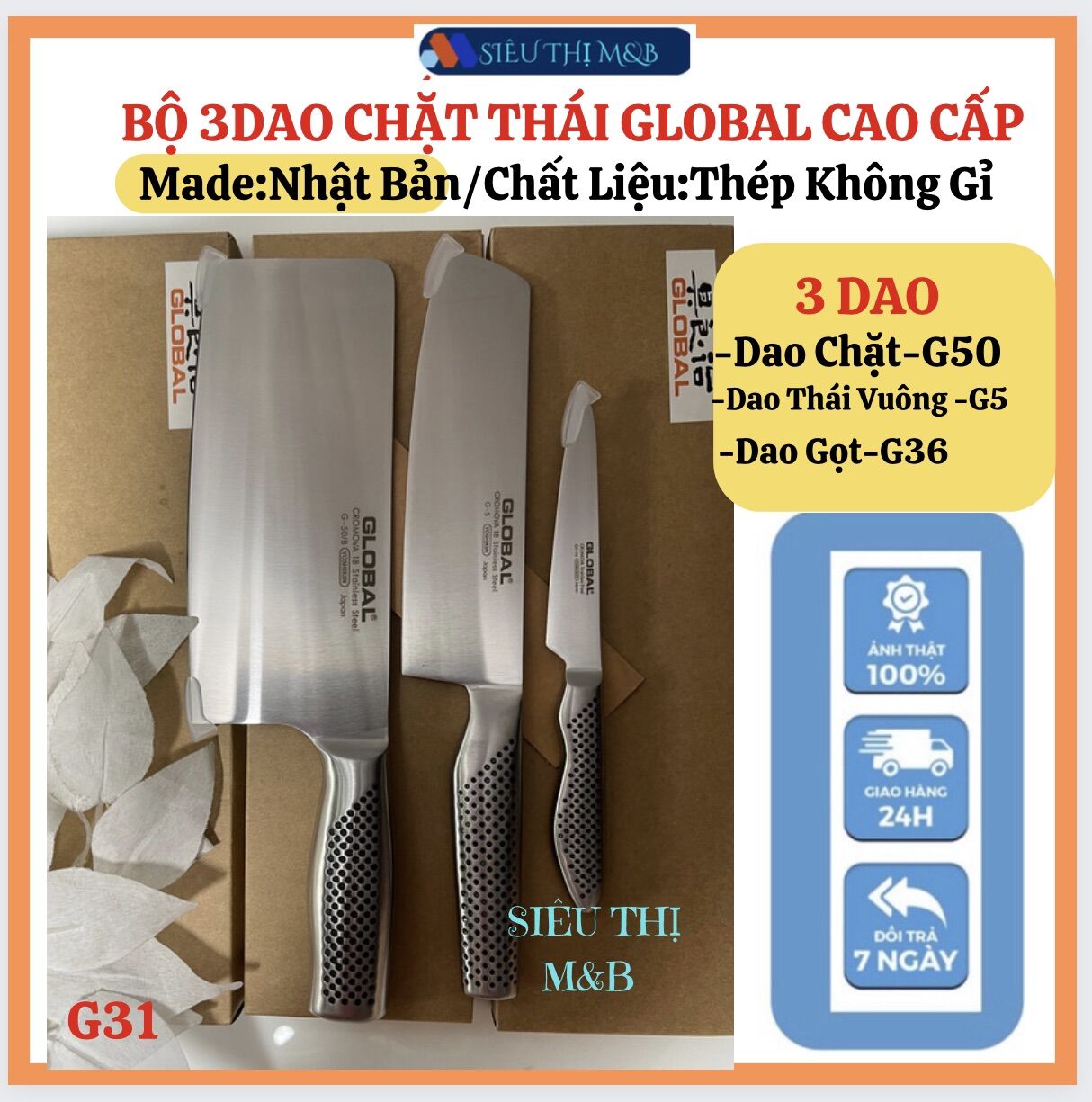 [HCM]Bộ Dao Nhà Bếp GLOBAL Nhật Bản Cao Cấp.Dao Chặt-Dao Thái-Dao Gọt Thesp Không Gỉ Cromova 18-Casn Đúc Nguyên Khối Bền Sắc Bén Dụng Cụ Nhà Bếp-Dao Bếp Trưởng -Dao Chính Hãng.Siêu Thị M&B