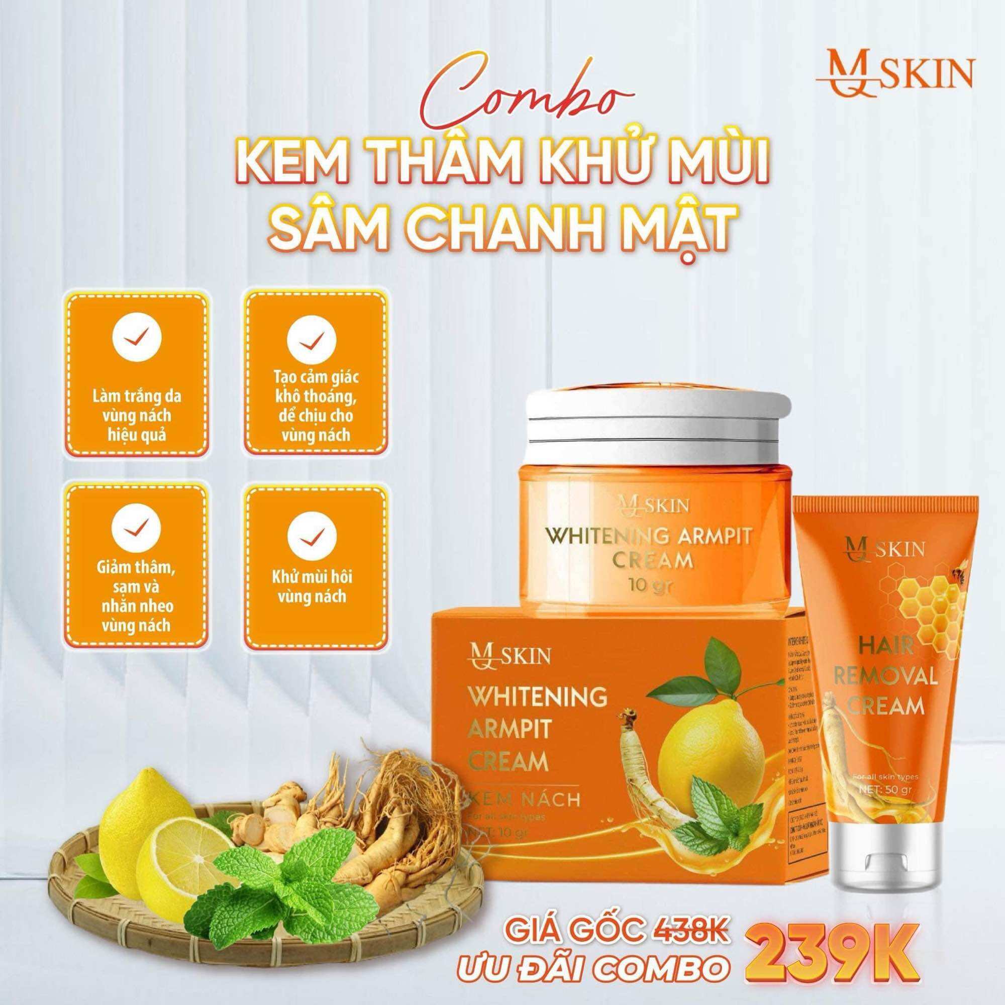 Combo tẩy lông + kem thâm khử mùi sâm chanh mật ong mq skin