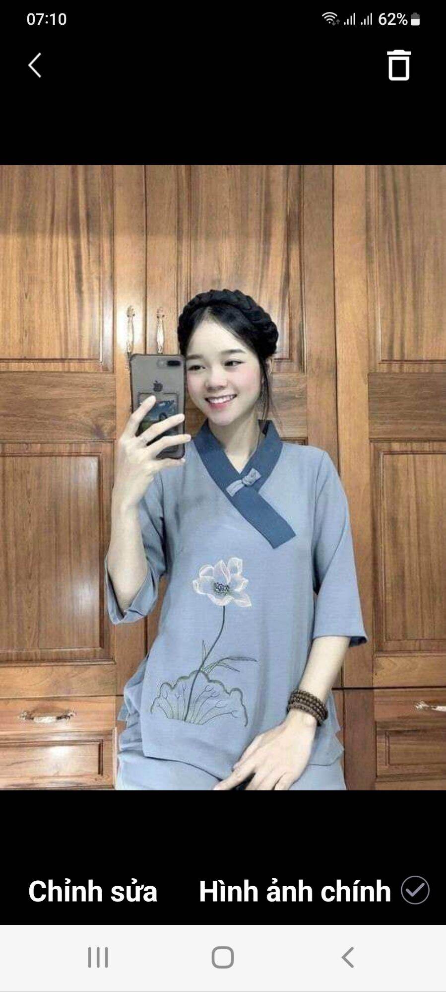 Đồ lam đi chùa mẫu nữ thêu sen 1 nút chất vải đủi loại 1