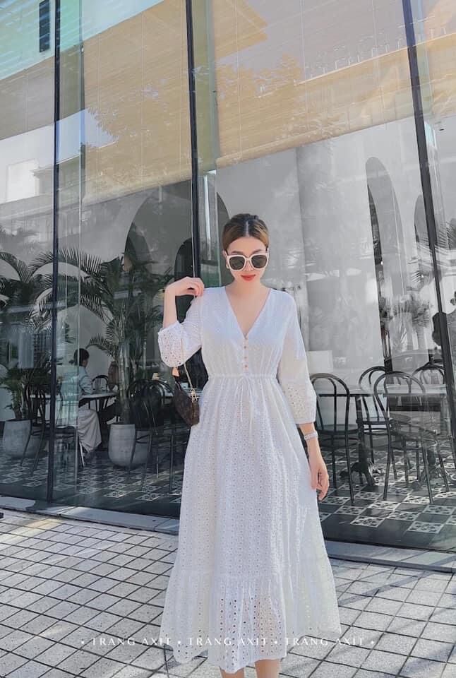 Đầm maxi bèo lai cổ v, chất xô ren đục lỗ xịn đẹp
