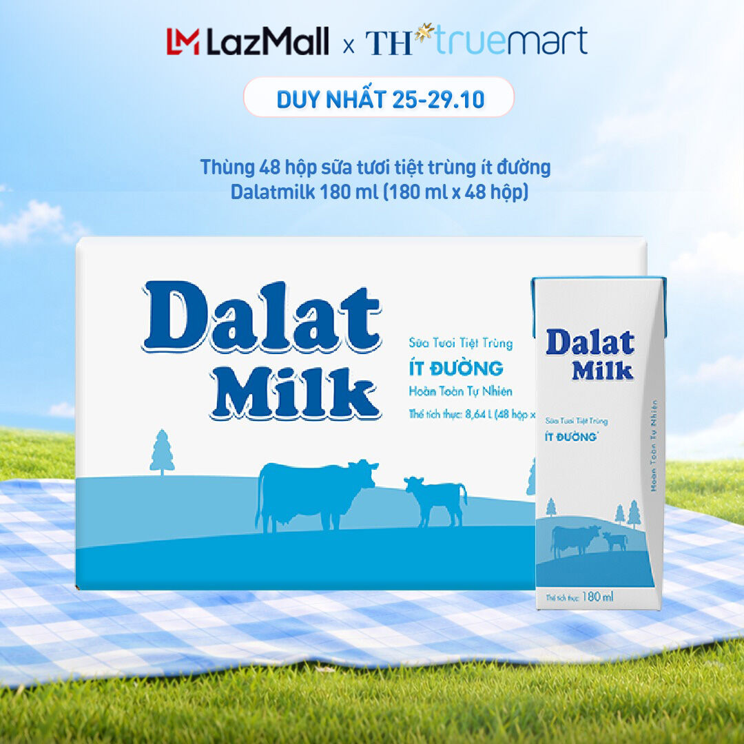 Thùng 48 hộp sữa tươi tiệt trùng Dalatmilk ít đường 180 ml (180 ml x 48)