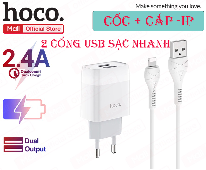 Bộ cốc + cáp sạc nhanh hoco c73 - cổng ip - cốc 2 cổng usb