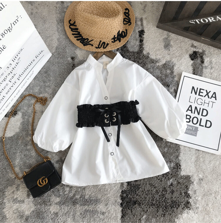 Girls' Pure White Western Style Waist-Slimming Shirt 2020 Spring and Autumn Girls' Mid-Length Shirt Baby 3/4 Sleeve Top