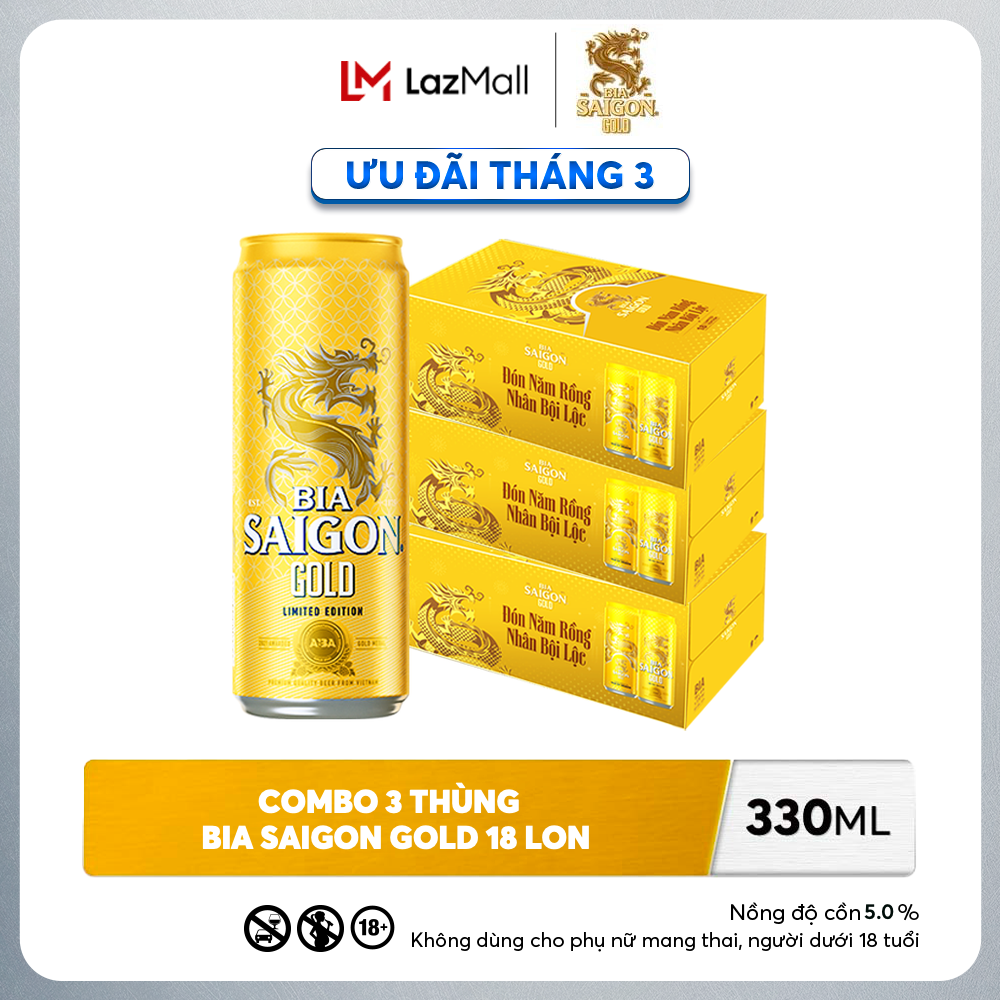 Nồng Độ Cồn 5.0% - Combo 3 Thùng 18 Lon Bia Sài Gòn Gold 330ml
