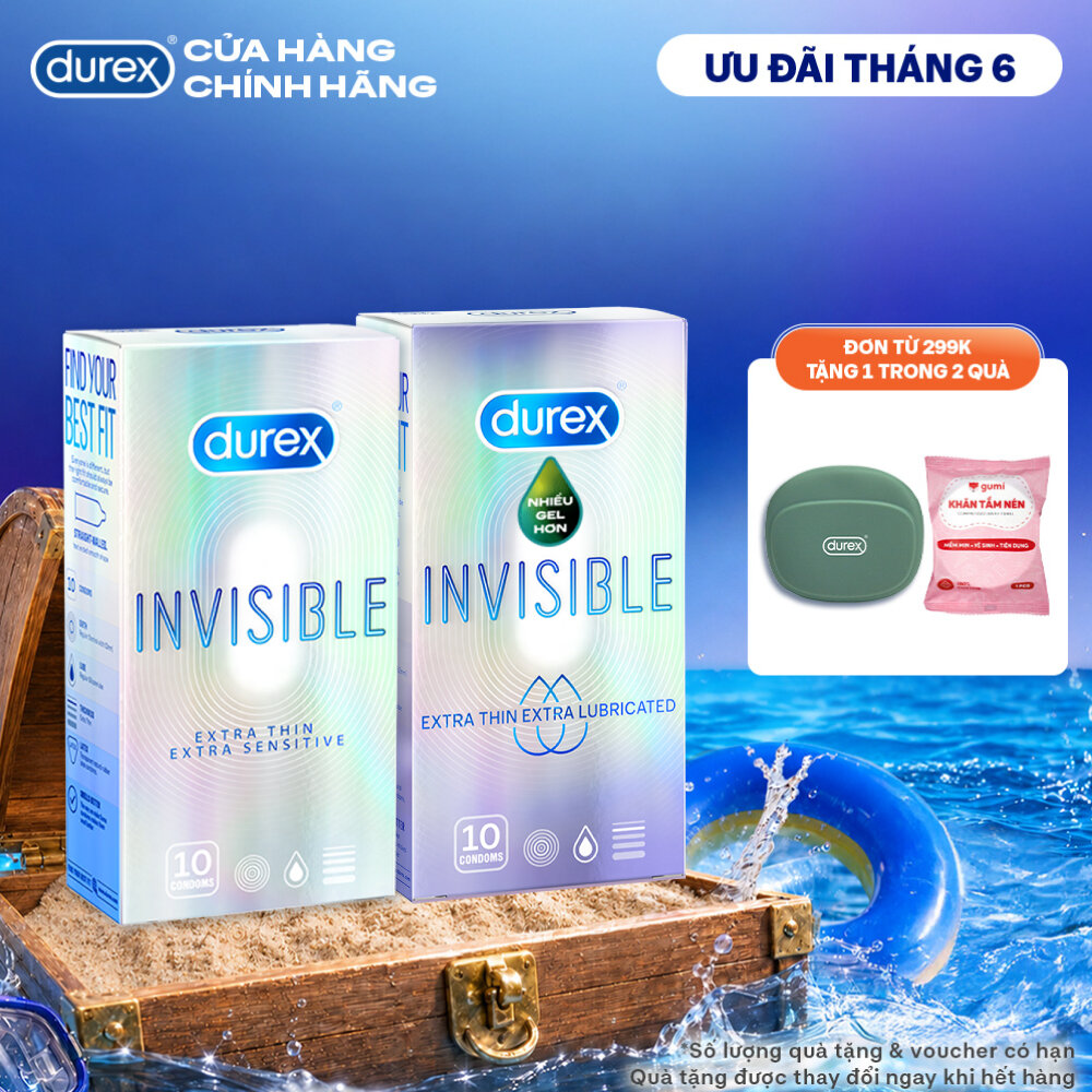 BỘ 1 HỘP BAO CAO SU siêu mỏng thêm bôi trơn DUREX INVISIBLE LUBRICATED và 1 HỘP DUREX INVISIBLE EXTRA THIN EXTRA SENSITIVE (52 mm, 10 bao/hộp)
