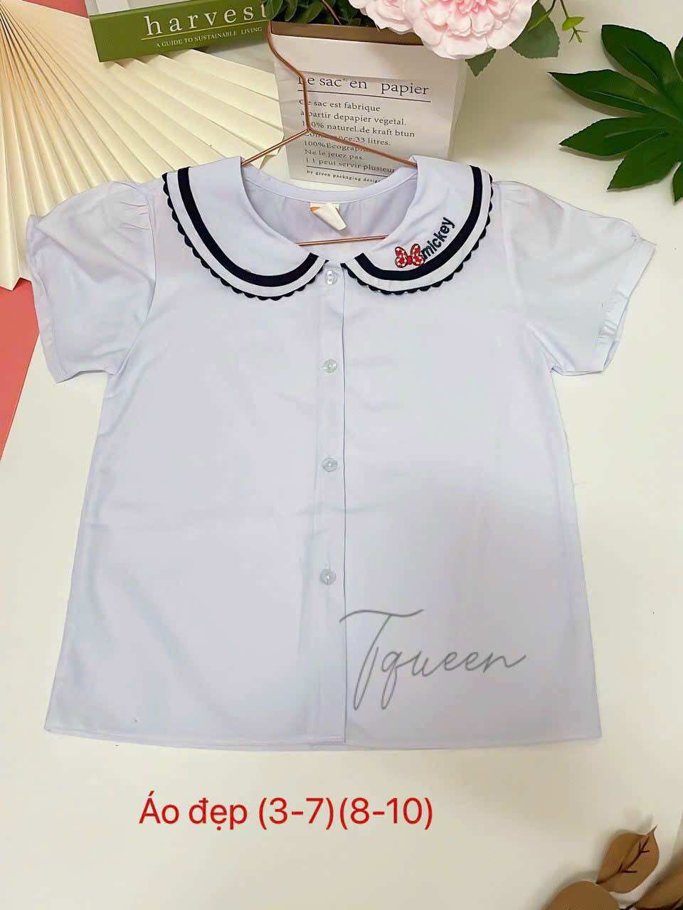 Áo sơ mi trắng cổ sen tay phồng viền họa tiết nữ học sinh đồng phục học sinh bé gái cấp 1, tiểu học